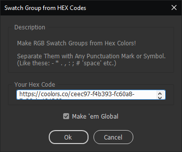The Swatch Group from HEX Codes dialog in Illustrator