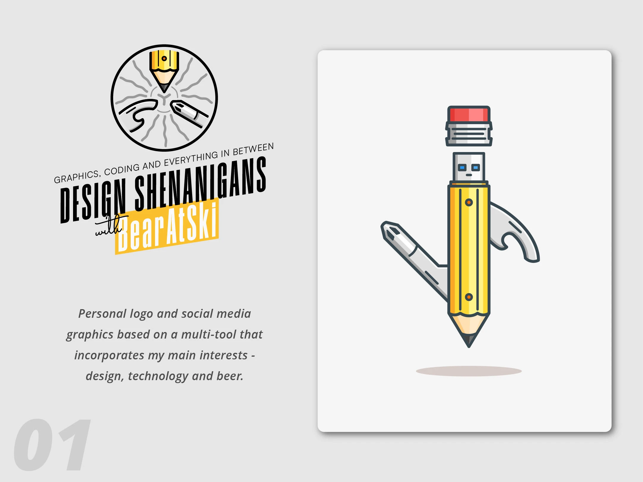 BearAtSki logo and pencil-shaped multitool mascot