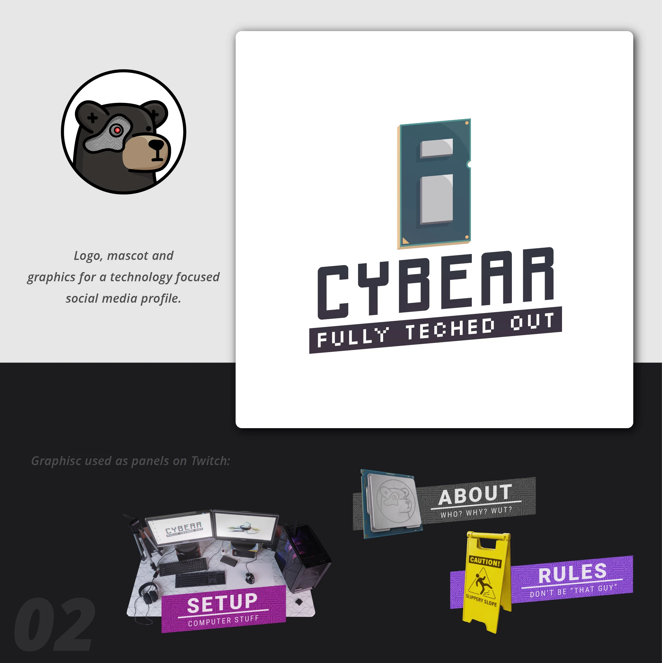 CyBear logo, bear mascot, and Twitch panel graphics