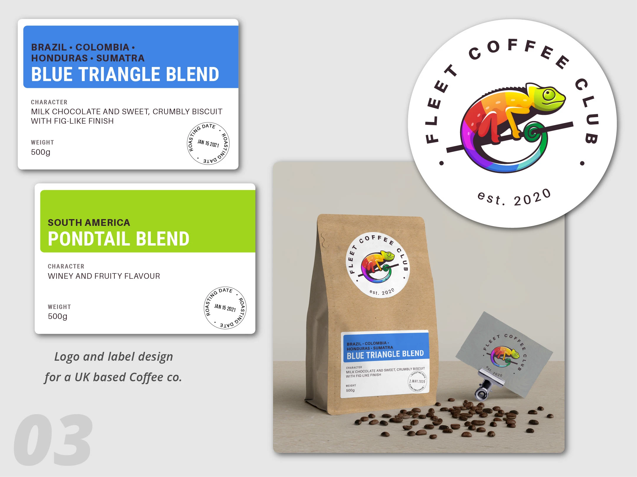 Fleet Coffee Club chameleon logo, coffee labels, and packaging