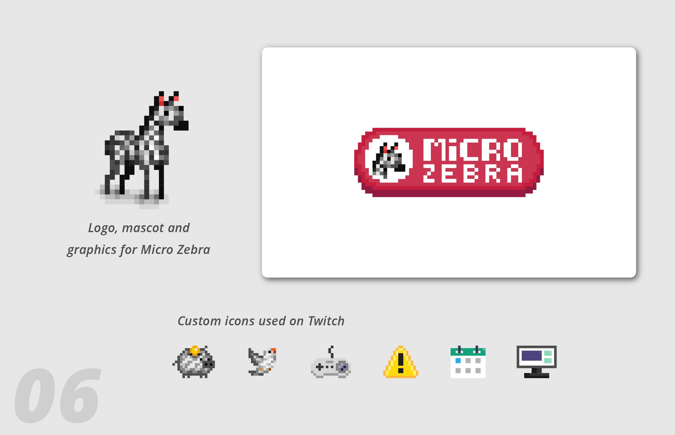 Micro Zebra pixel-art logo, mascot, and Twitch icons
