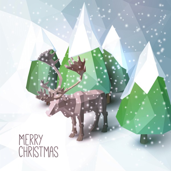 Low-poly Christmas scene with reindeer and pine trees
